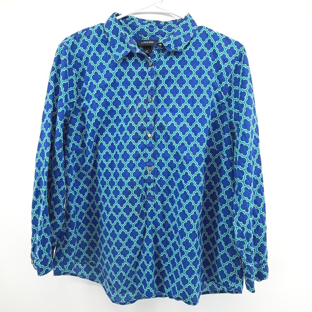 Lands End Womens 16 Blue Teal Quatrefoil Geometric Cotton Button Down Shirt